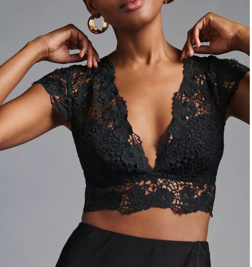 Anthropologie Black Floral Lace Alandra Cap-Sleeve Open Back Bralette NWOT